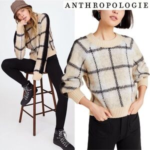 Anthropologie Cream Black Windowpane Knit Pullover Sweater Crop Boxy Boho Modern